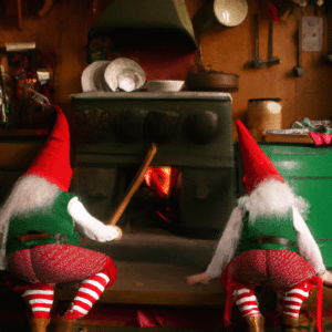 Clumsy the elf watches elves in Mrs. Claus' kitchen