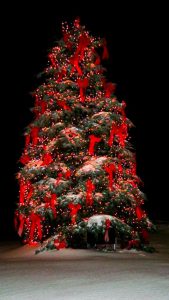 Christmas elf atop a Christmas tree
